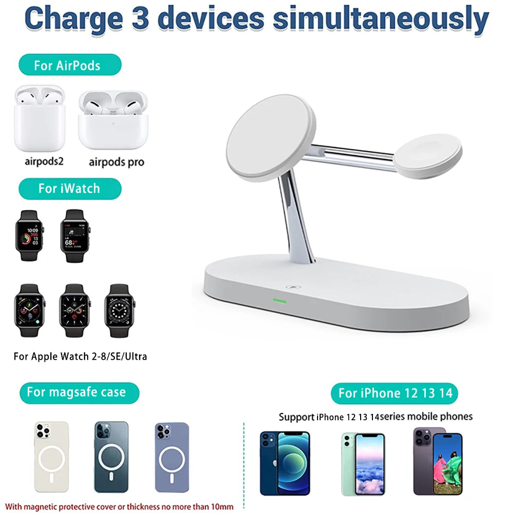 Airpyx 3 in 1 Wireless Charger Stand For iPhone 12 13 14 15 Magsafe Charger Airpods Pro Apple Watch 9 8 7 6 QI Fast Charging Station