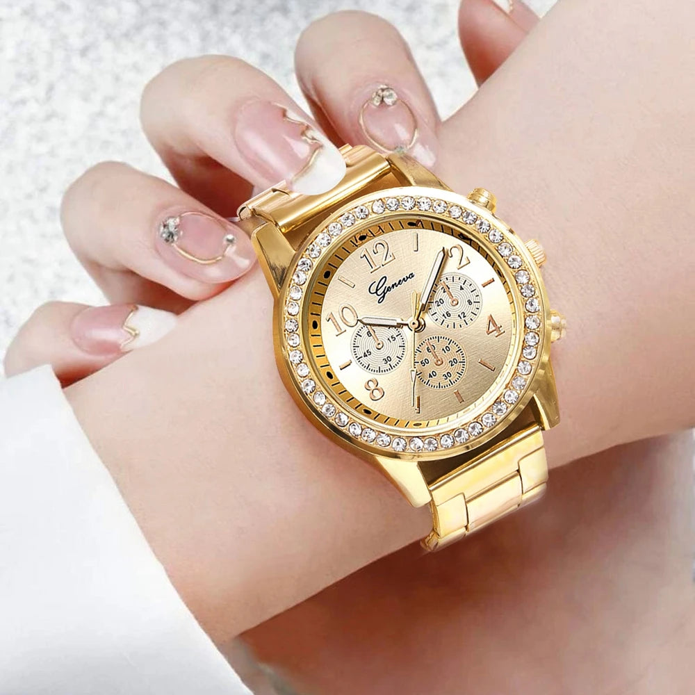 SSI 6PCS Set Luxury Watch Women Ring Necklace Earrings Rhinestone