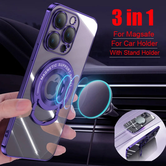 Airpyx Transparent Silicone  Magnetic Car Case For iPhone 15 14 13  Pro Max With Stand Holder Glass Camera Full Cover A