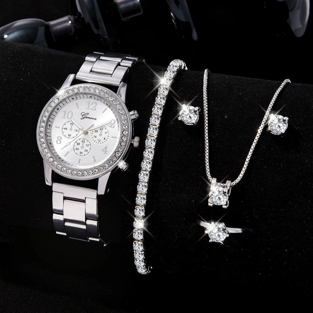 SSI 6PCS Set Luxury Watch Women Ring Necklace Earrings Rhinestone