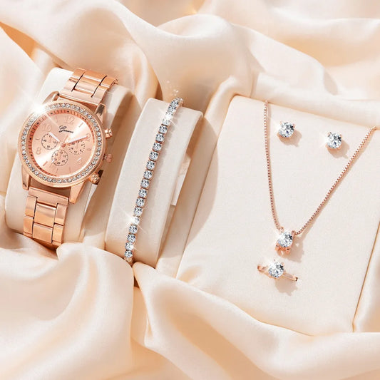 SSI 6PCS Set Luxury Watch Women Ring Necklace Earrings Rhinestone